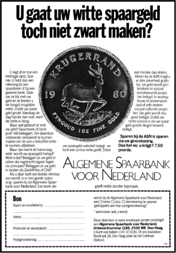 Flyer dat je spaargeld niet investeert in Zuid-Afrika