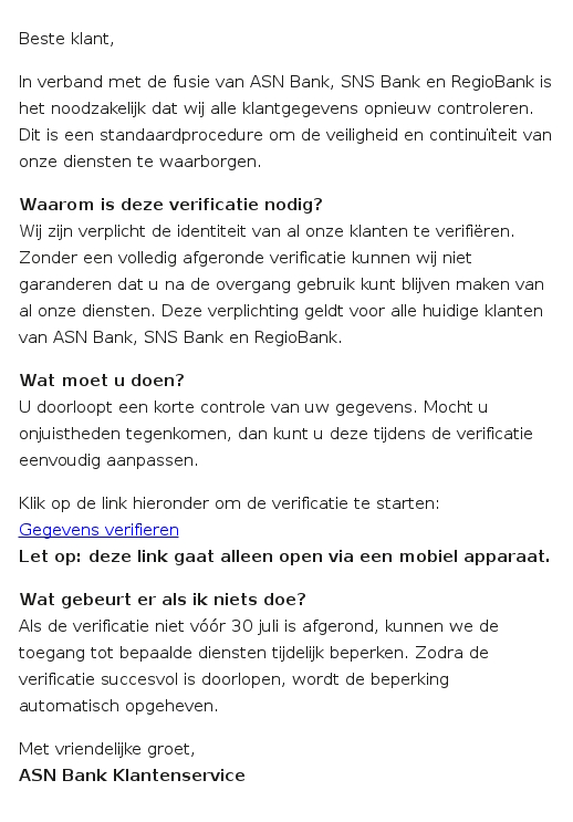 Voorbeeld van valse e-mails die ASN-klanten hebben gekregen