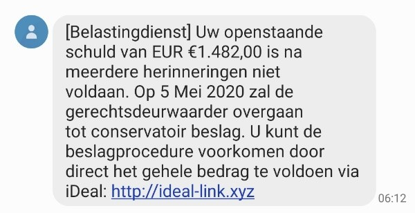 Plaatje van een nep SMS die zogenaamd door de belastingdienst is verstuurd