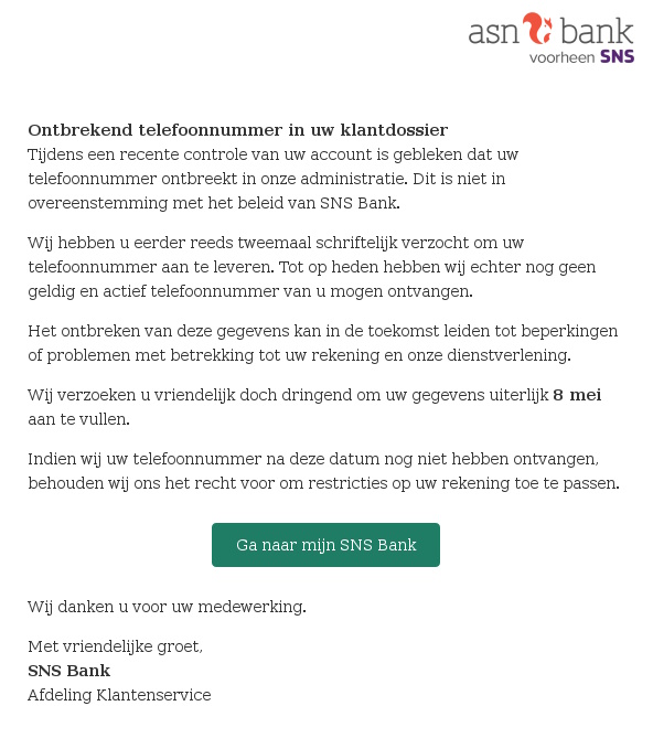 Voorbeeld van valse e-mails die ASN-klanten hebben gekregen