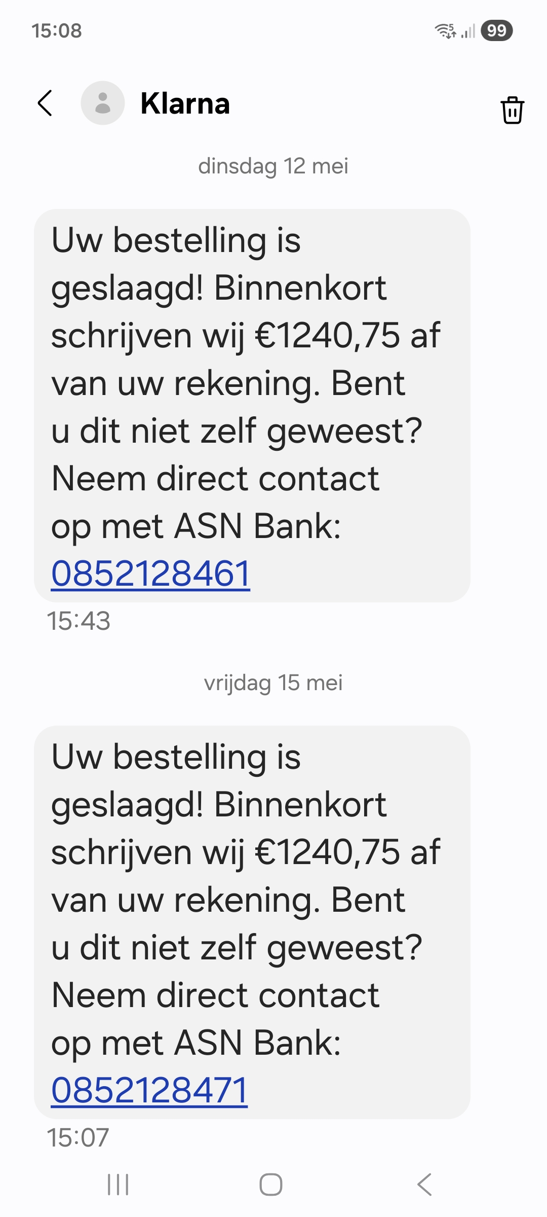 een voorbeeld van valse sms&rsquo;jes die ASN-klanten hebben gekregen   