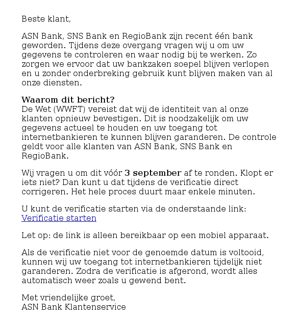 Voorbeeld van valse e-mails die ASN-klanten hebben gekregen