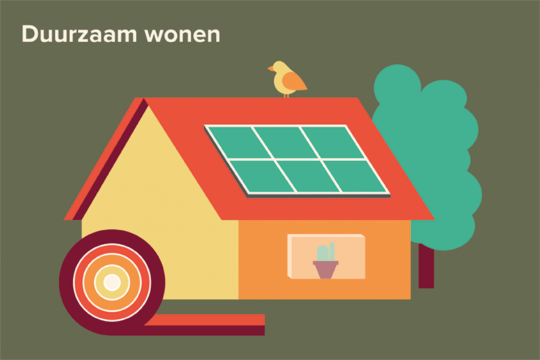 Illustratie van een huis met zonnepanelen en een vogel op het dak. 