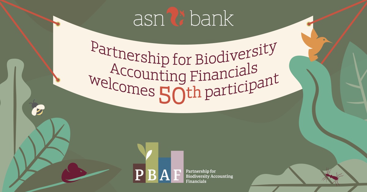 Tekening van een spandoek met daarop 'Partnership for Biodiversity Accounting Financials verwelcomes 50th participant