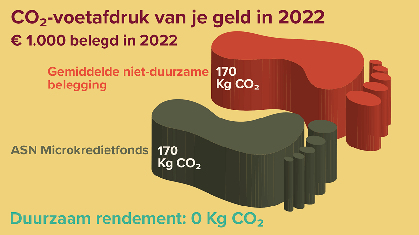 Infographic over CO2-voetafdruk per 1000 euro belegd. Niet-duurzaam beleggingen is 170 kg CO2, ASN Microkredietfonds is 170 kg CO2. Het duurzaam rendement is 0