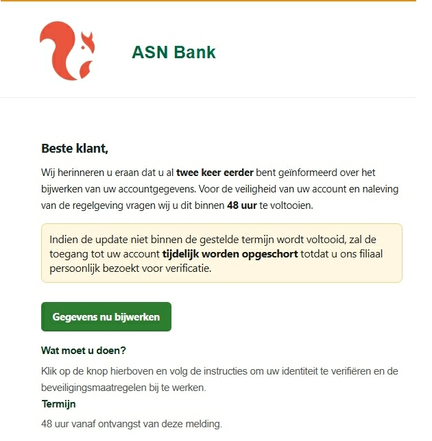 Voorbeeld van valse e-mails die ASN-klanten hebben gekregen 