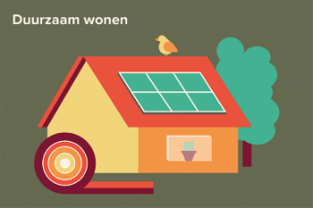 Illustratie van een huis met zonnepanelen. Op het dak zit een vogel en naast het huis staat een boom.