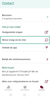 Schermafbeelding van de contactpagina in de ASN-app